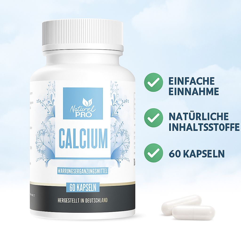 Weiße Flasche mit blauem Etikett. Natural Pro Calcium, 60 Kapseln. Grüne Häkchen neben Texten.