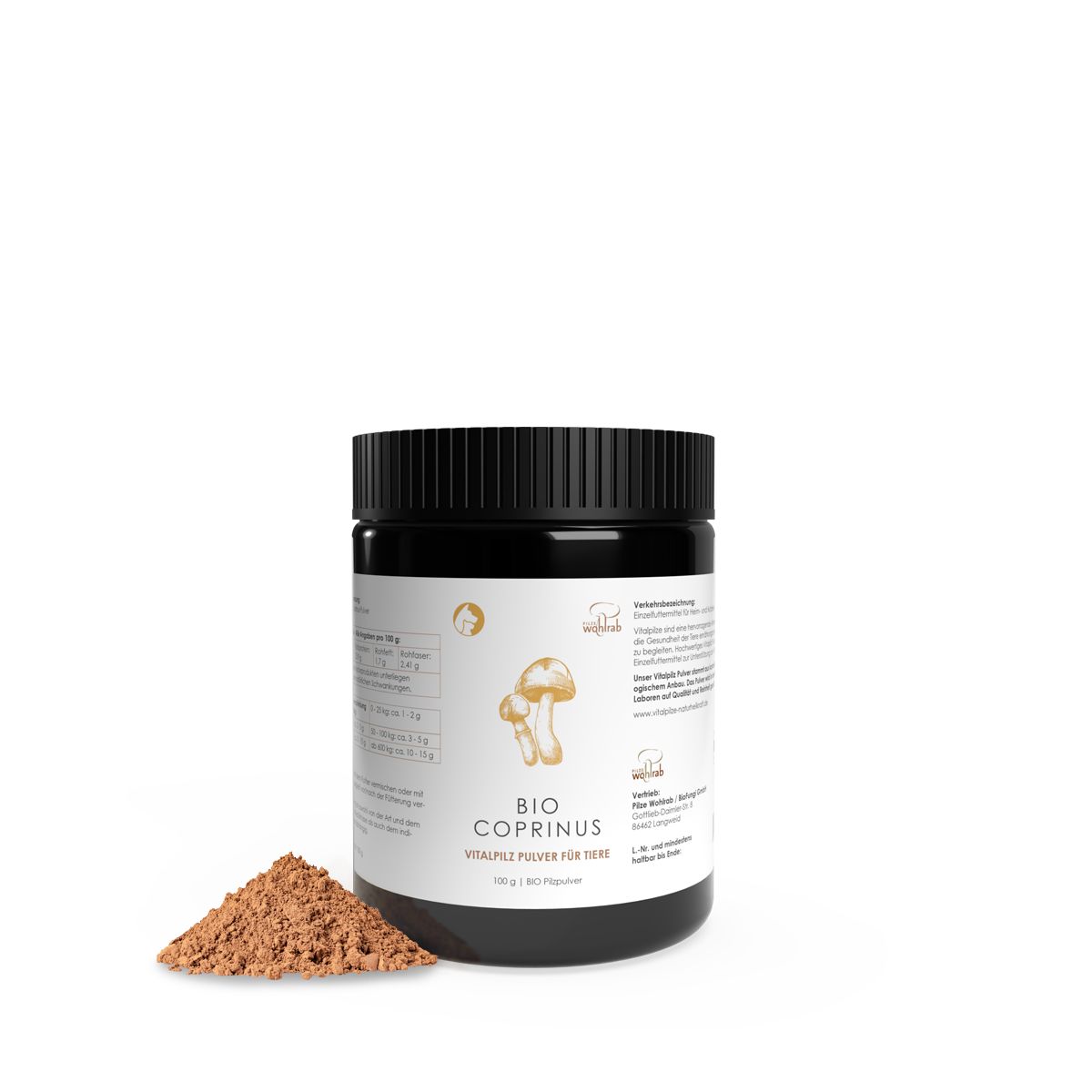 Schwarze Dose mit weißem Etikett. BIO Coprinus Vitalpilz Pulver für Tiere. Braunes Pulver daneben.