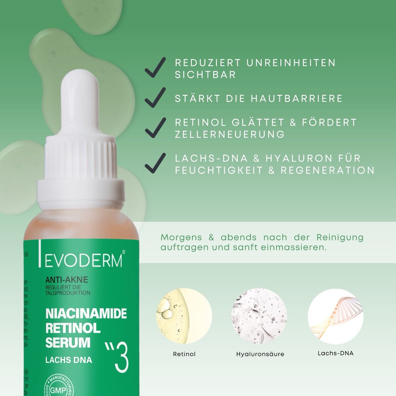Serum mit Pipette. Text: Niacinamide Retinol Serum. Inhaltsstoffe: Retinol, Hyaluronsäure, Lachs-DNA.