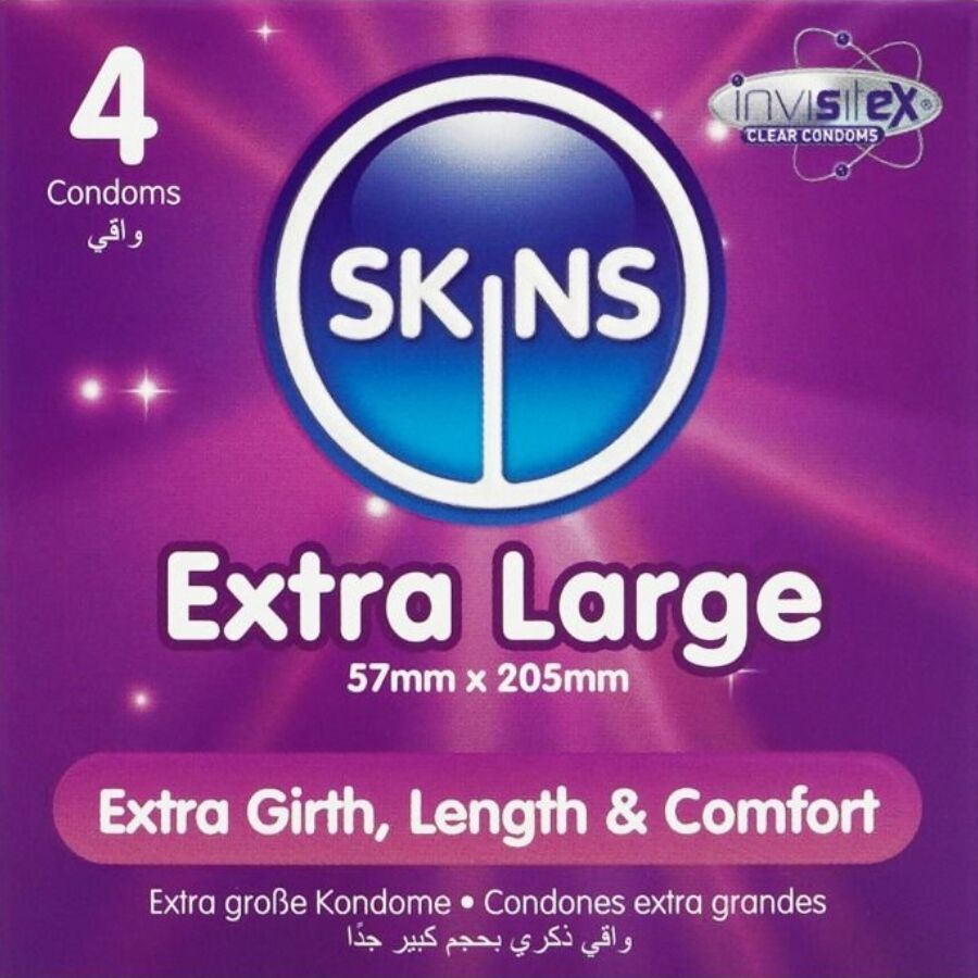 Schachtel mit 4 Kondomen. Aufschrift: Skins Extra Large, 57mm x 205mm. Extra Girth, Length & Comfort. Mit InvisiTex.