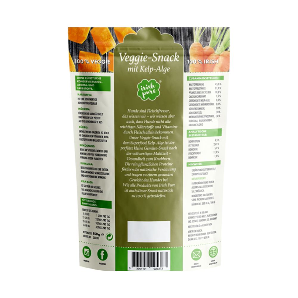 Rückseite einer Verpackung für 'Veggie-Snack mit Kelp-Alge' mit Nährwertangaben.