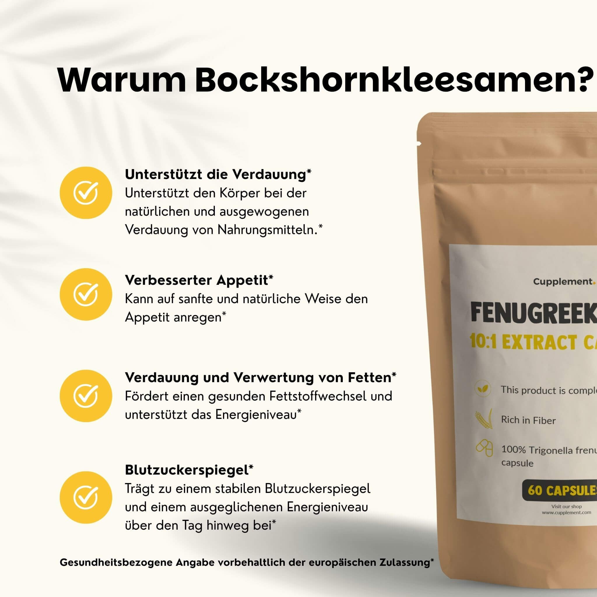 Beutel mit Kapseln. Text: Warum Bockshornkleesamen? Unterstützt die Verdauung, verbessert Appetit.