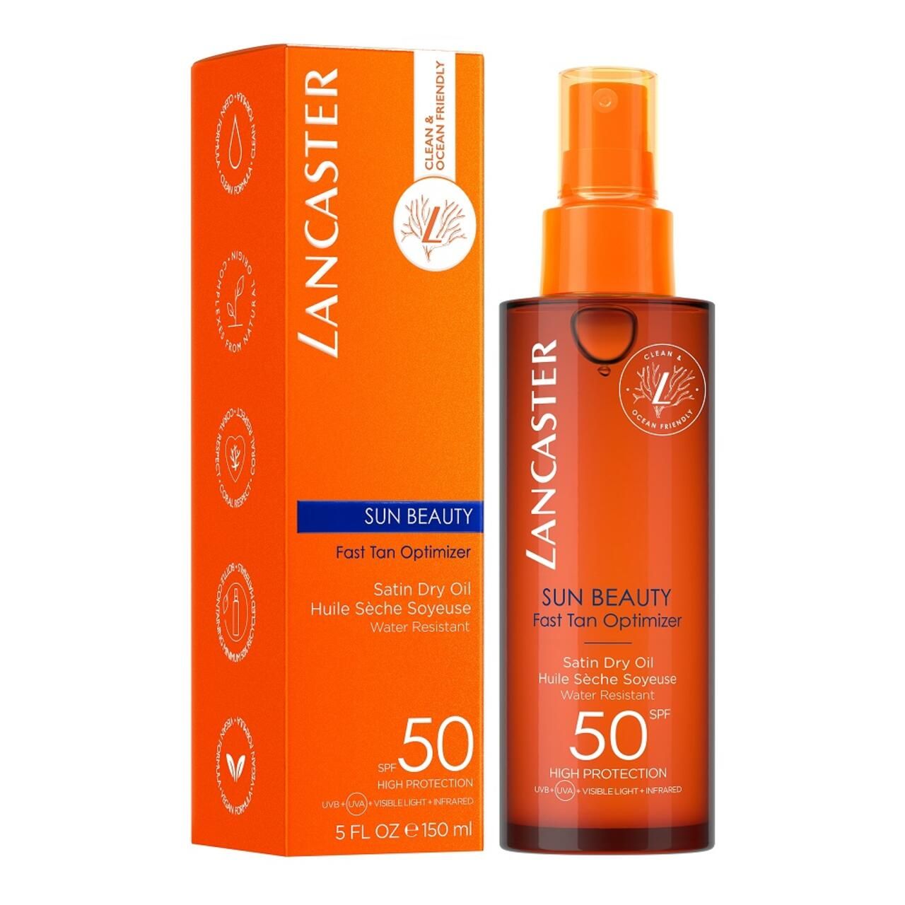 Lancaster Sun Beauty Dry Oil SPF50. Flasche und Verpackung. Text: Sun Beauty, Fast Tan Optimizer, Satin Dry Oil, 50 SPF, 5 FL OZ 150 ml.