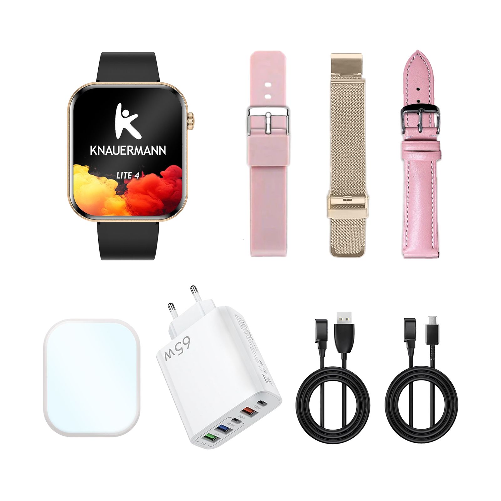 Knauermann Lite 4 Smartwatch mit Zubehör: Uhr, 3 Armbänder, Ladekabel, Netzteil und Ladeplatte.