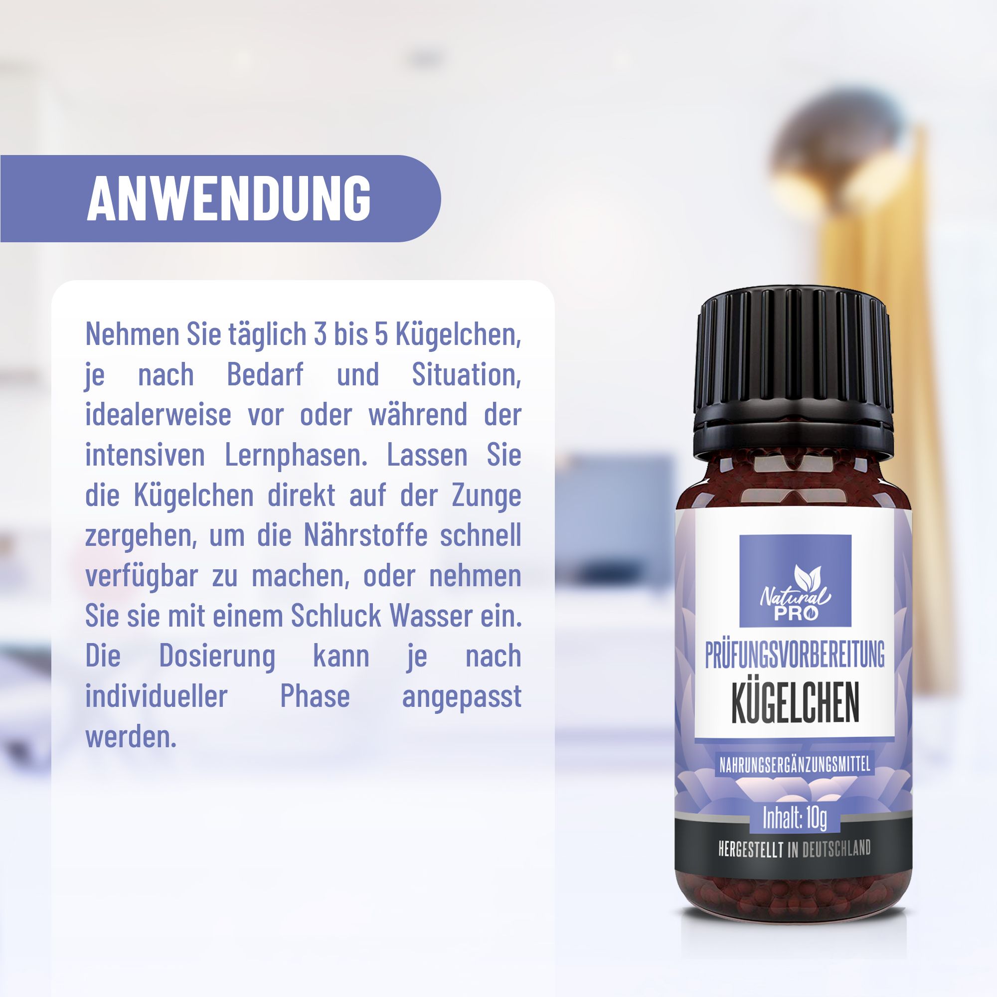Flasche mit Kügelchen. Aufschrift: Natural Pro, Prüfungsvorbereitung Kügelchen. Anwendung: 3-5 Kügelchen täglich. Inhalt: 10g. Hergestellt in Deutschland.