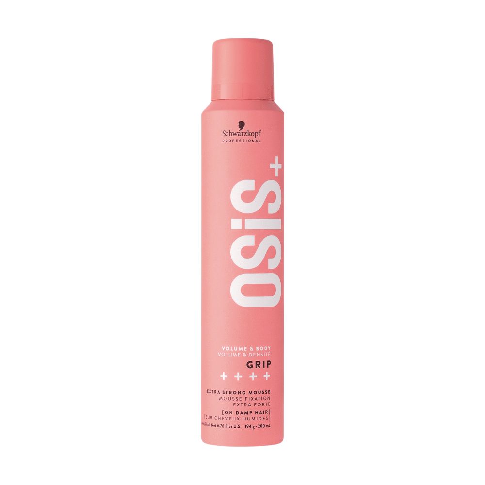 Rosa Haarspray-Dose mit weißer Schrift. OSiS+ Grip, Volumen & Body, Extra Strong Mousse.