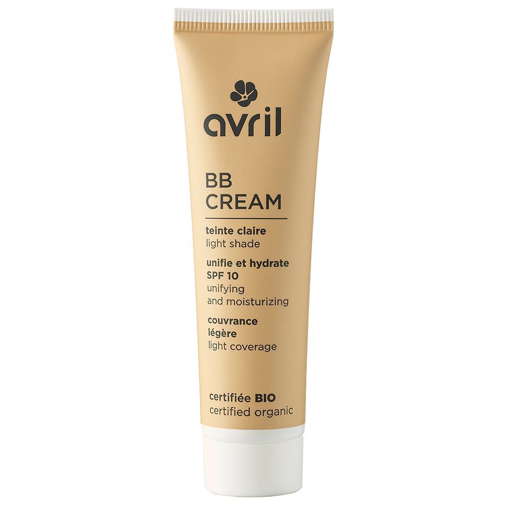 Beigefarbene Tube mit Produktinformationen. Aufschrift: Avril BB Cream, light shade, SPF 10, zertifiziert BIO.