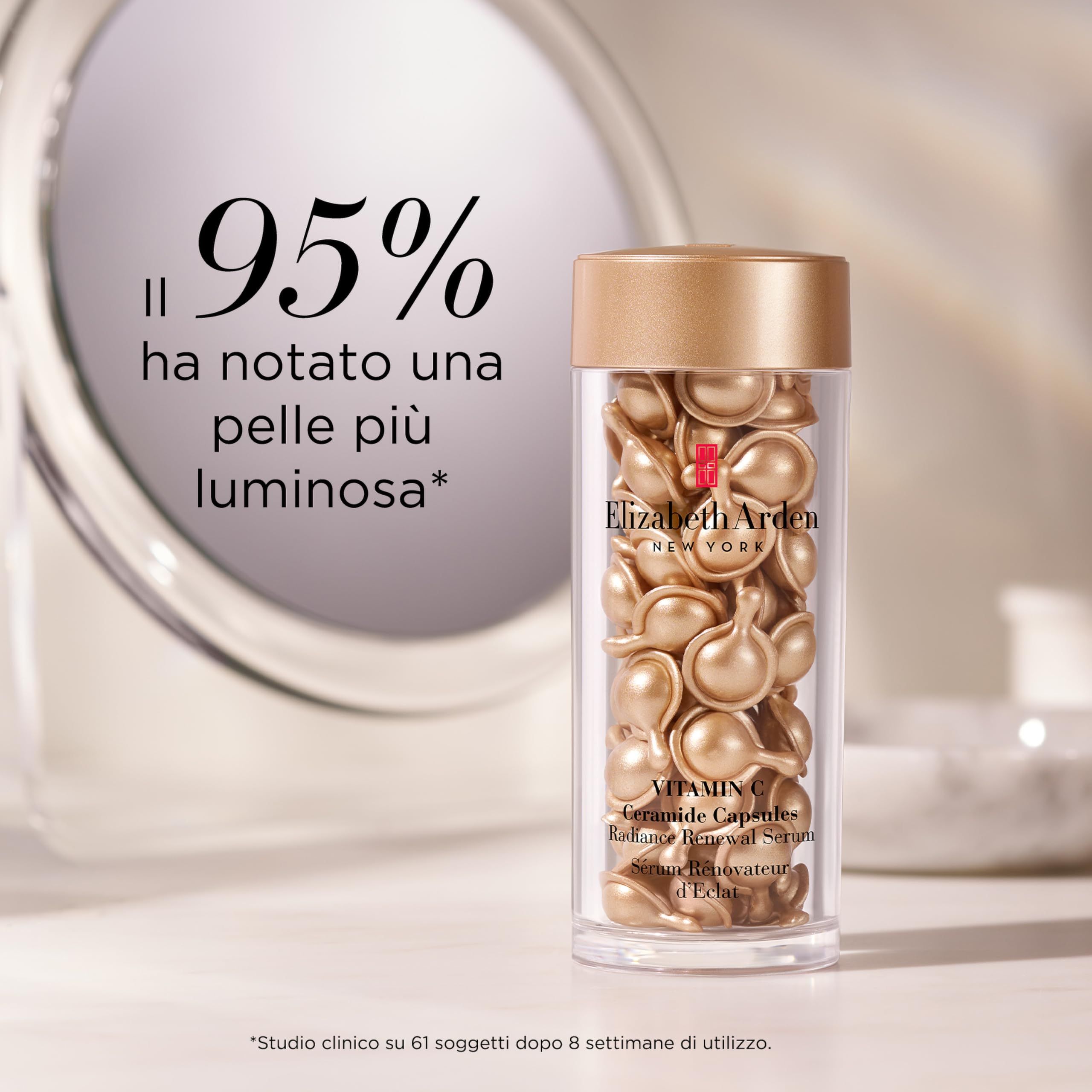 Flasche mit goldenen Kapseln. Text: 95% hat eine strahlendere Haut festgestellt. Text: Elizabeth Arden.