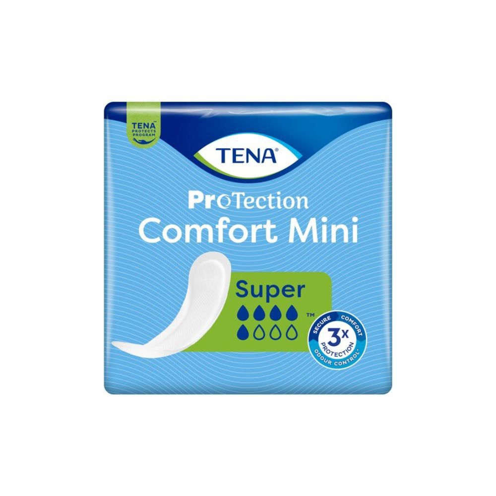 Verpackung Tena ProTection Comfort Mini Super. Blau-weiß. Produktabbildung. Text: Tena, ProTection Comfort Mini, Super. 3x Schutz.