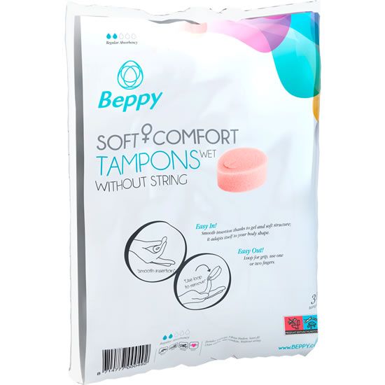 Verpackung mit Beppy Soft + Comfort Tampons ohne Faden. Rosa Tampon abgebildet. Text: Soft Comfort Tampons Wet.