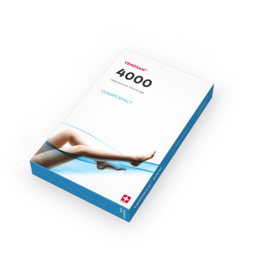 Verpackung von Venosan 4000 Kompressionsstrümpfen. Weiß mit blauen Akzenten und Produktinformationen.