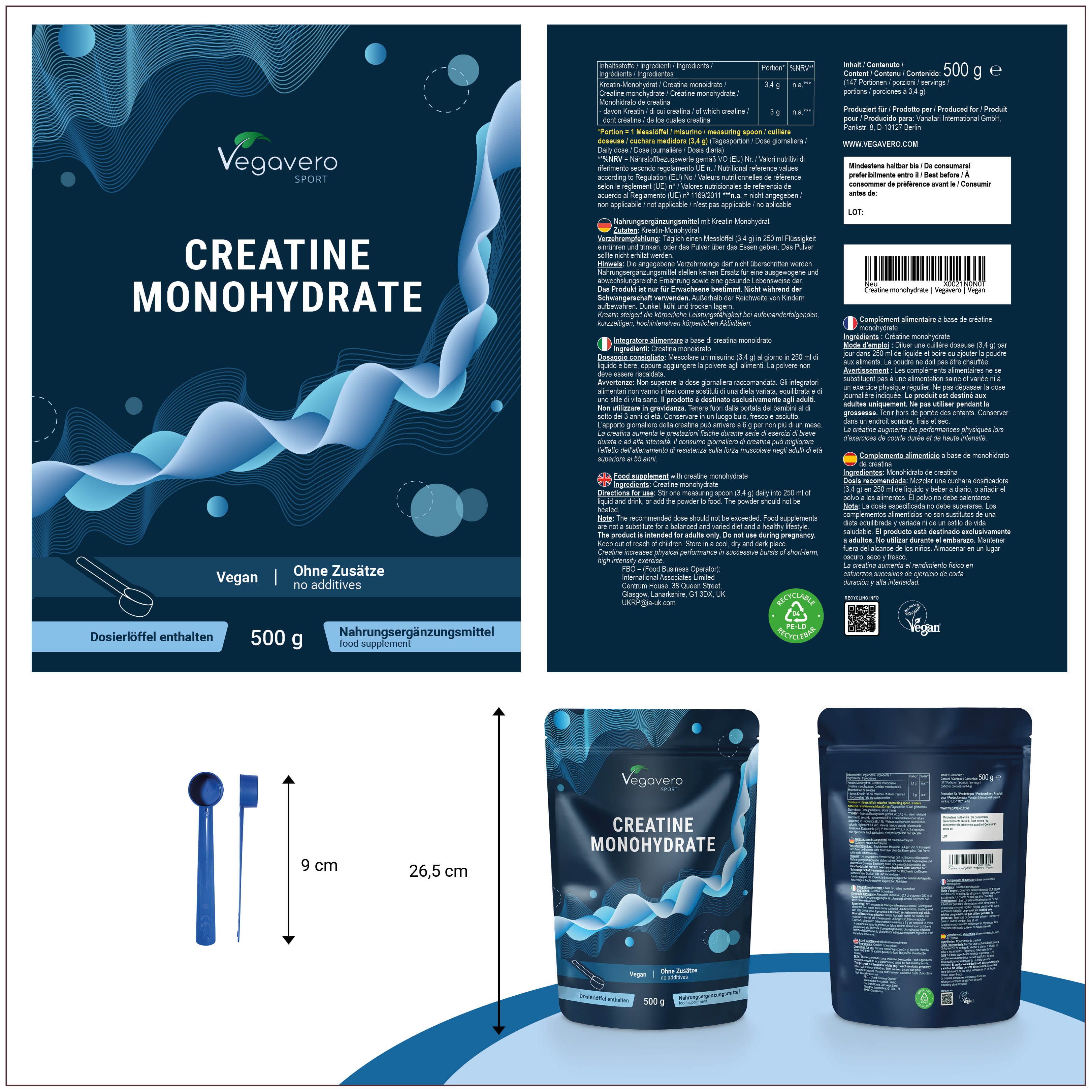 Produktverpackung mit Creatin Monohydrat. Marke Vegavaro. 500g. Mit Messlöffel. Rückseite mit Informationen.