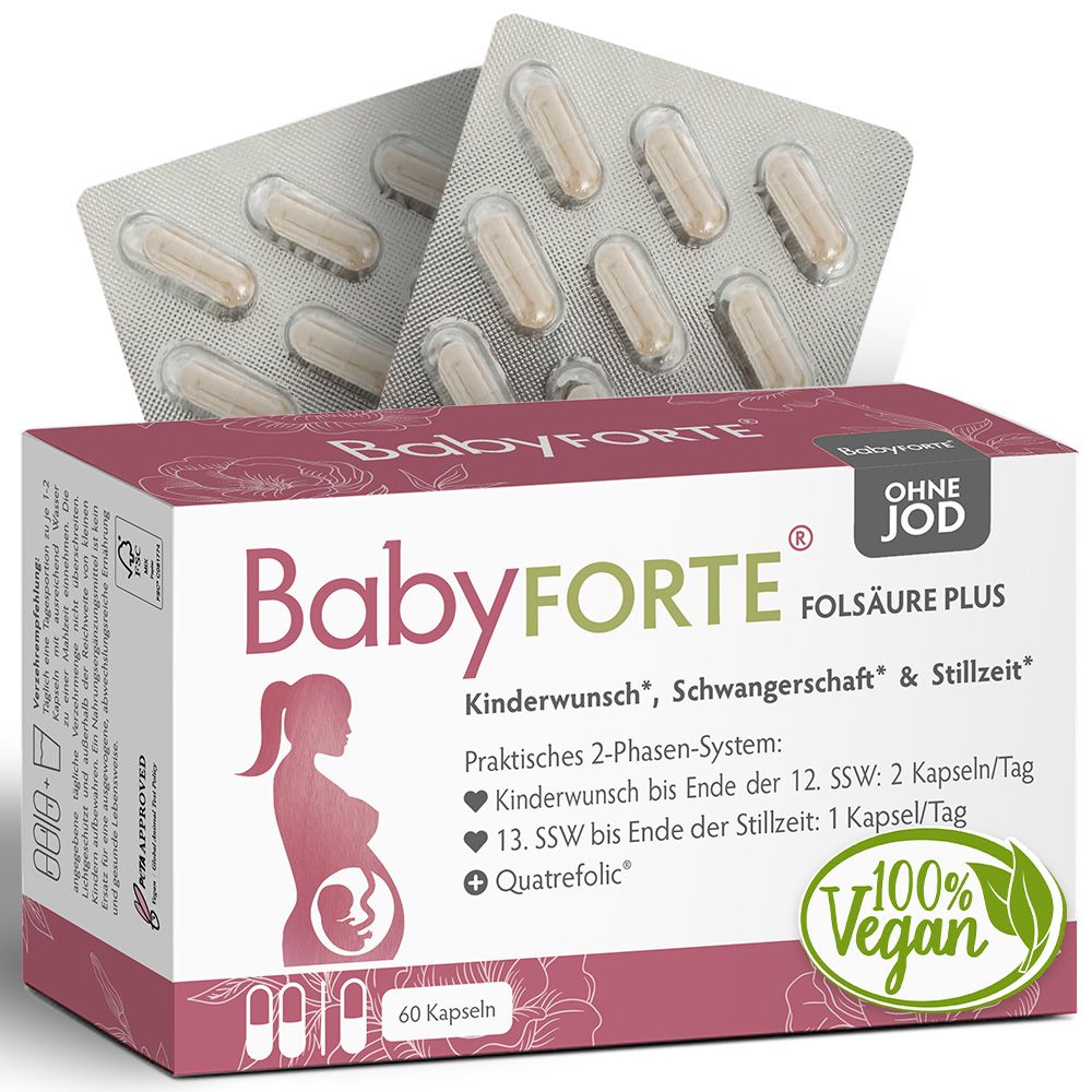 Verpackung und Blisterpackungen mit Kapseln. Siegel '100% Vegan'.