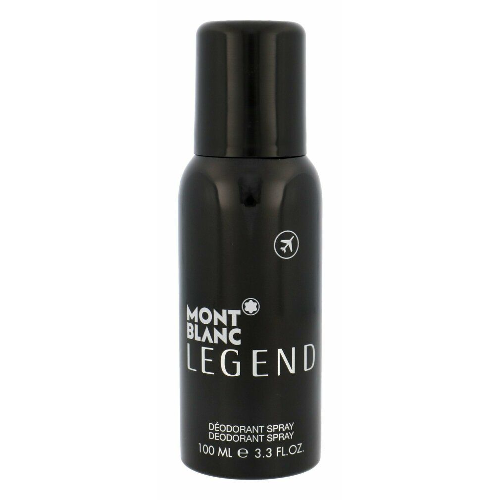 Schwarze Deodorant-Spray-Flasche. Aufschrift: MONTBLANC LEGEND. Mit Logo und Text: DÉODORANT SPRAY, 100 ml.