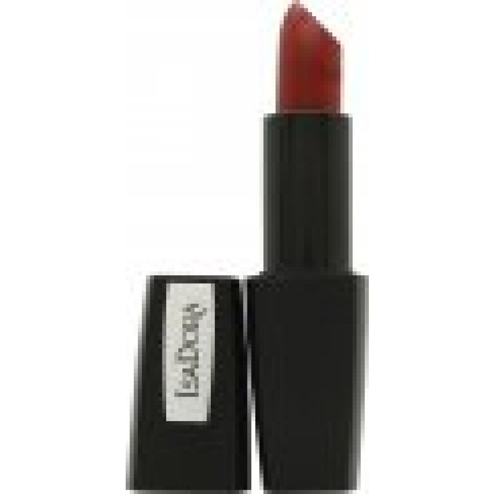 IsaDora Perfect Matt Lipstick. Schwarzer Lippenstift-Behälter mit geöffneter Kappe. Roter Lippenstift-Stift sichtbar. Marke IsaDora auf der Kappe.