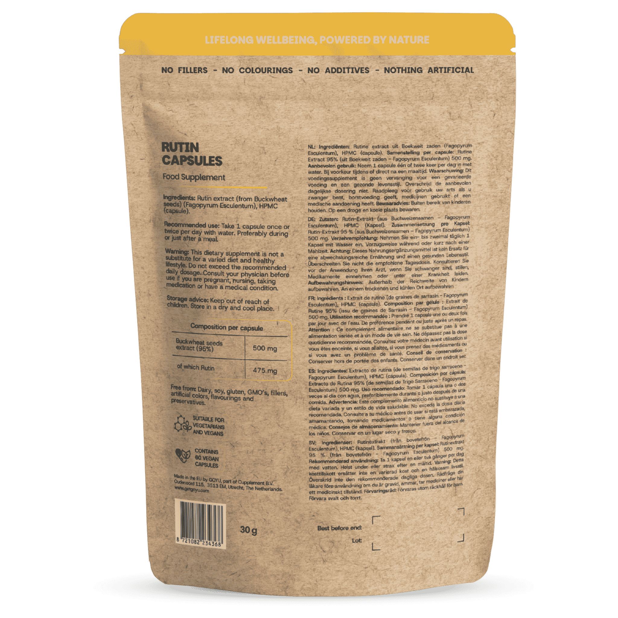 Braune Papiertüte mit Rutin-Kapseln, 30g. Enthält Buchweizensamenextrakt und Rutin.