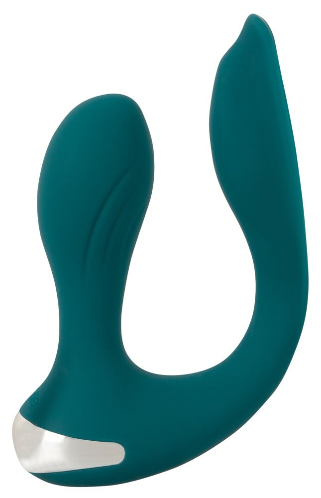 Türkisfarbener Vibrator mit geschwungener Form. Die Basis ist silberfarben. Das Design hat eine geschwungene Form.
