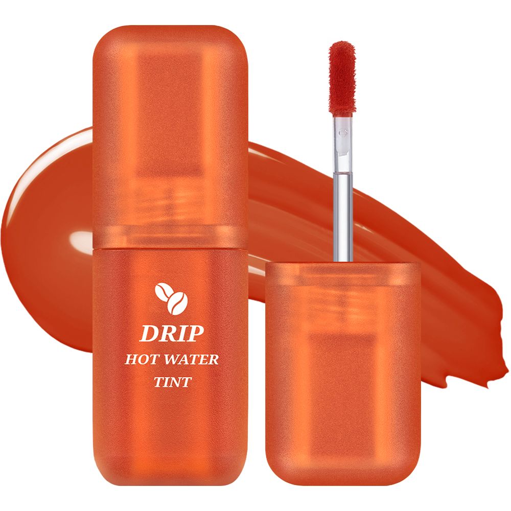Orangener Lip Tint, geöffnet. Applikator sichtbar. Schriftzug 'Drip Hot Water Tint'. Farbklecks daneben.