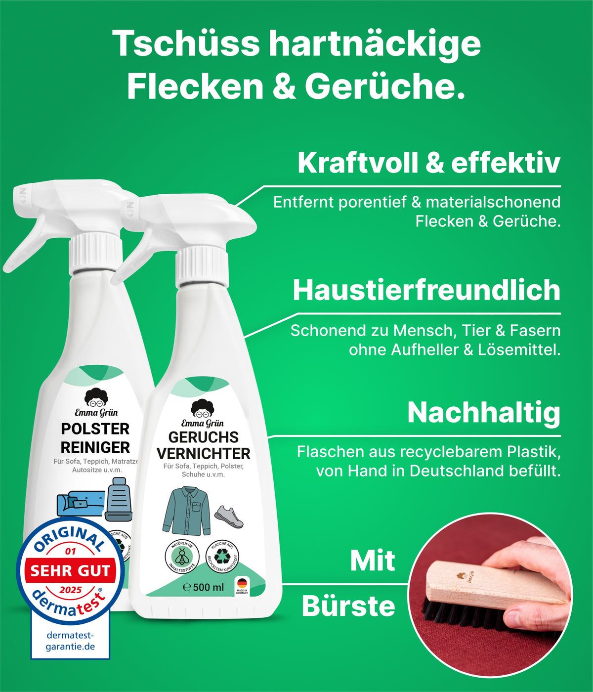 Emma Grün® Polstermöbel reinigen Set mit Reiniger, Geruchsvernichter & Imprägnierer