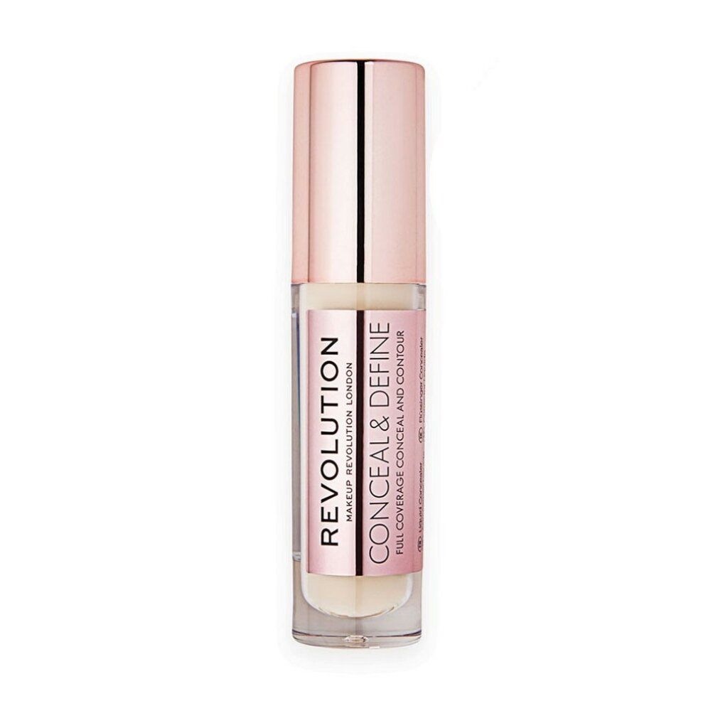 Concealer-Tube mit roségoldfarbenem Deckel. Aufkleber mit "REVOLUTION CONCEAL & DEFINE".