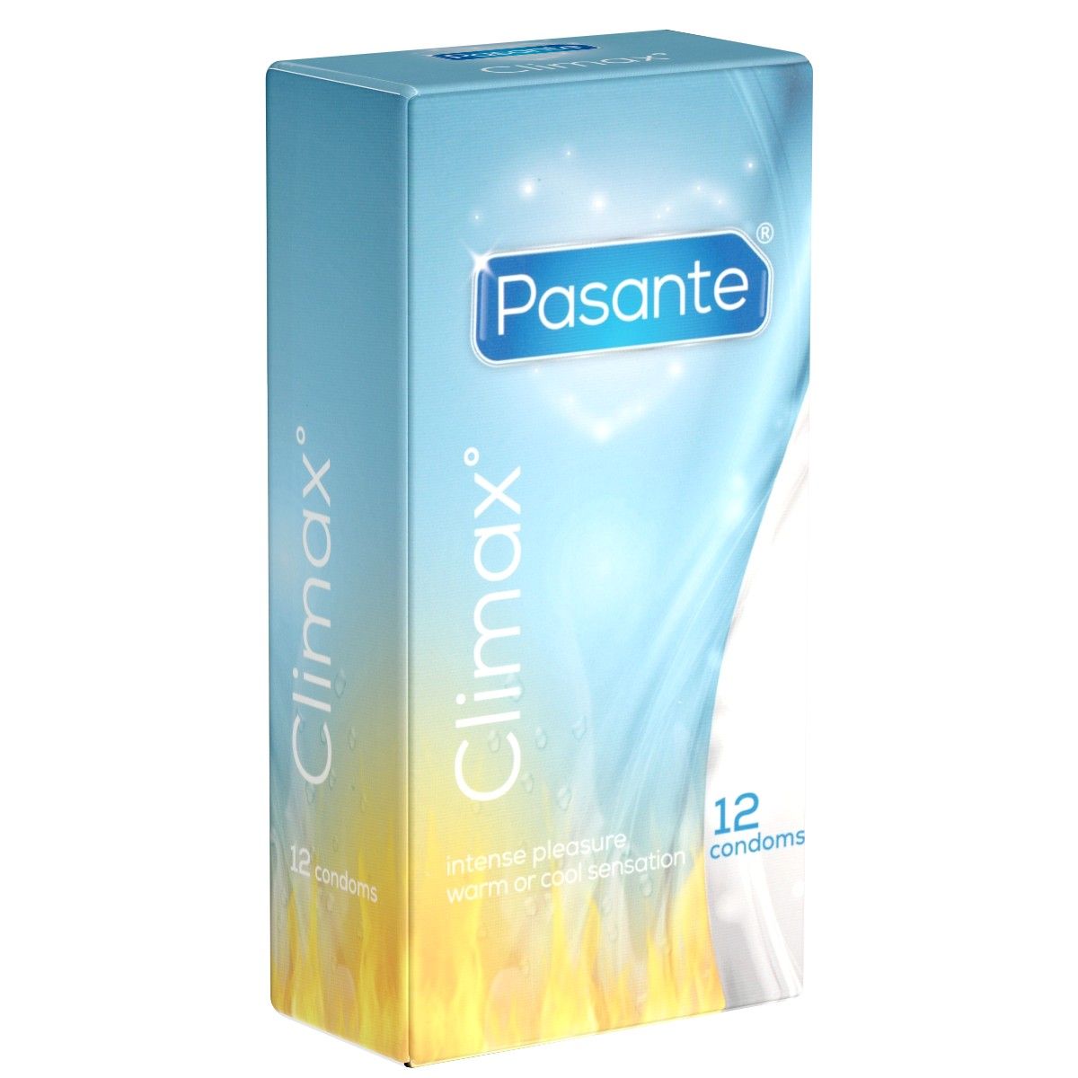 Packung Pasante Climax, 12 Kondome. Aufschrift: intense pleasure warm or cool sensation.