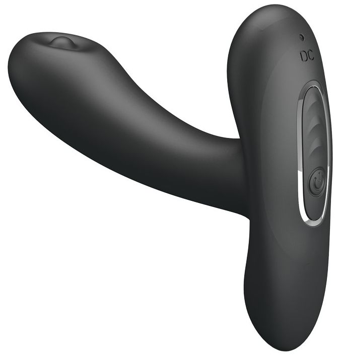 Schwarzes Wellness-Produkt. Design mit gebogenem Schaft und Bedienfeld. DC-Anschluss. Bedienfeld mit Taste.