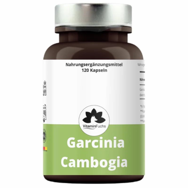 Braune Flasche mit silbernem Deckel, gefüllt mit 120 Kapseln. Auf dem Etikett steht "VitaminFuchs Garcinia Cambogia". Das Produkt ist ein Nahrungsergänzungsmittel. Auf dem Etikett sind auch das Logo von VitaminFuchs und Informationen zur Anwendung angegeben.