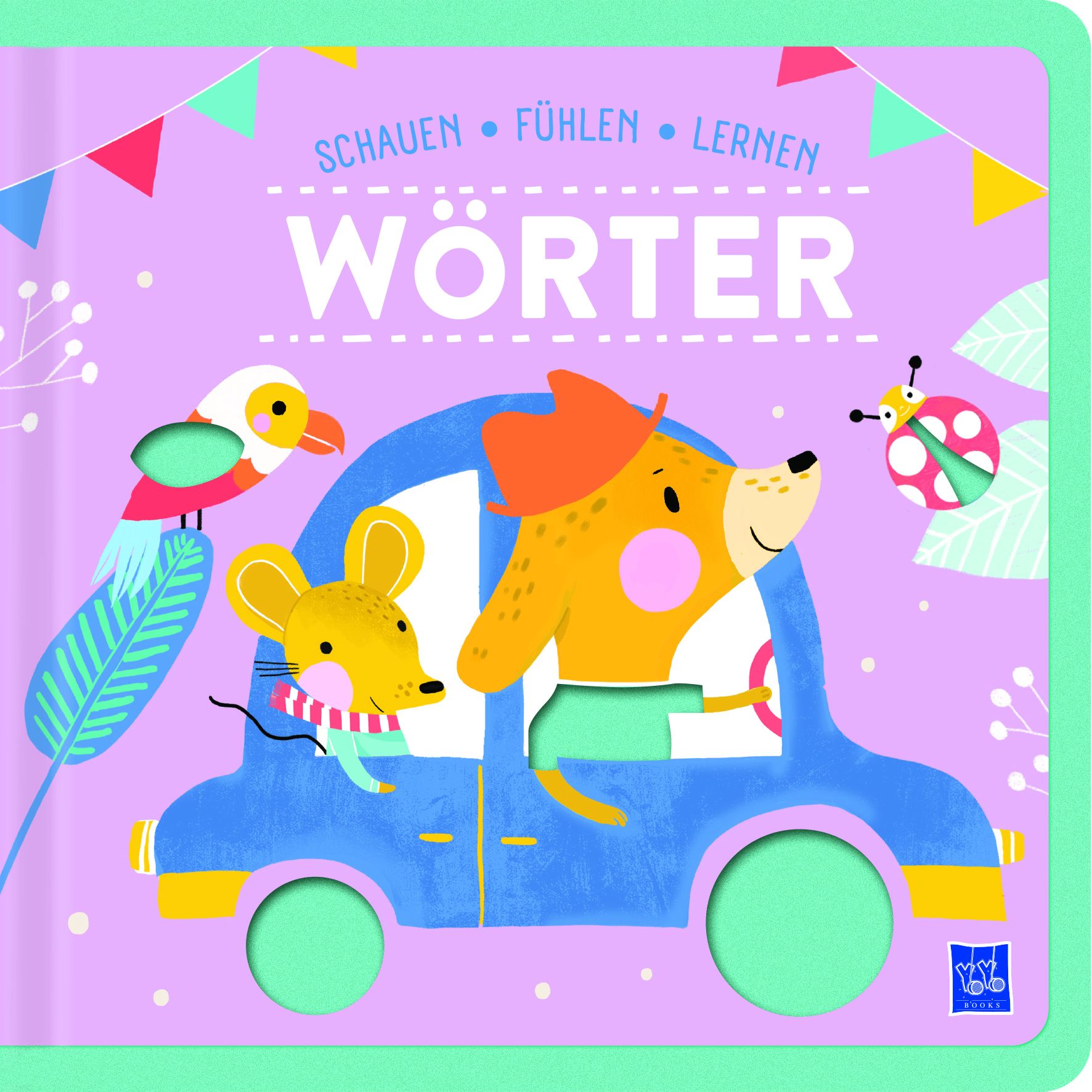 Buchcover mit Illustrationen. Titel: Wörter. Tiere in einem blauen Auto, ein Vogel und ein Marienkäfer. Farben: Lila, Blau, Gelb, Orange, Grün.