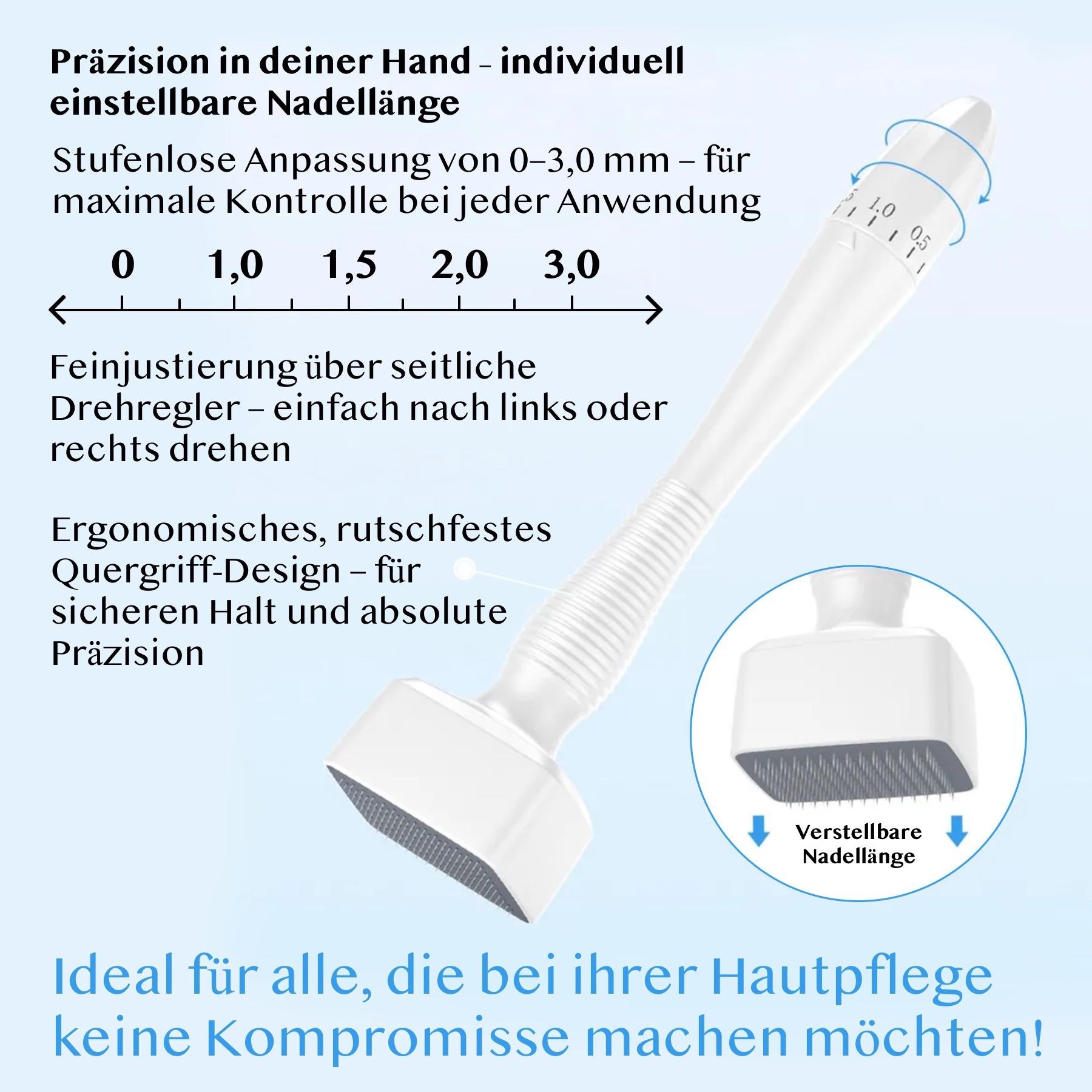 Weißer Derma Stamp mit Skala. Skala: 0-3,0 mm. Text: Ergonomisches Design, verstellbare Nadellänge.