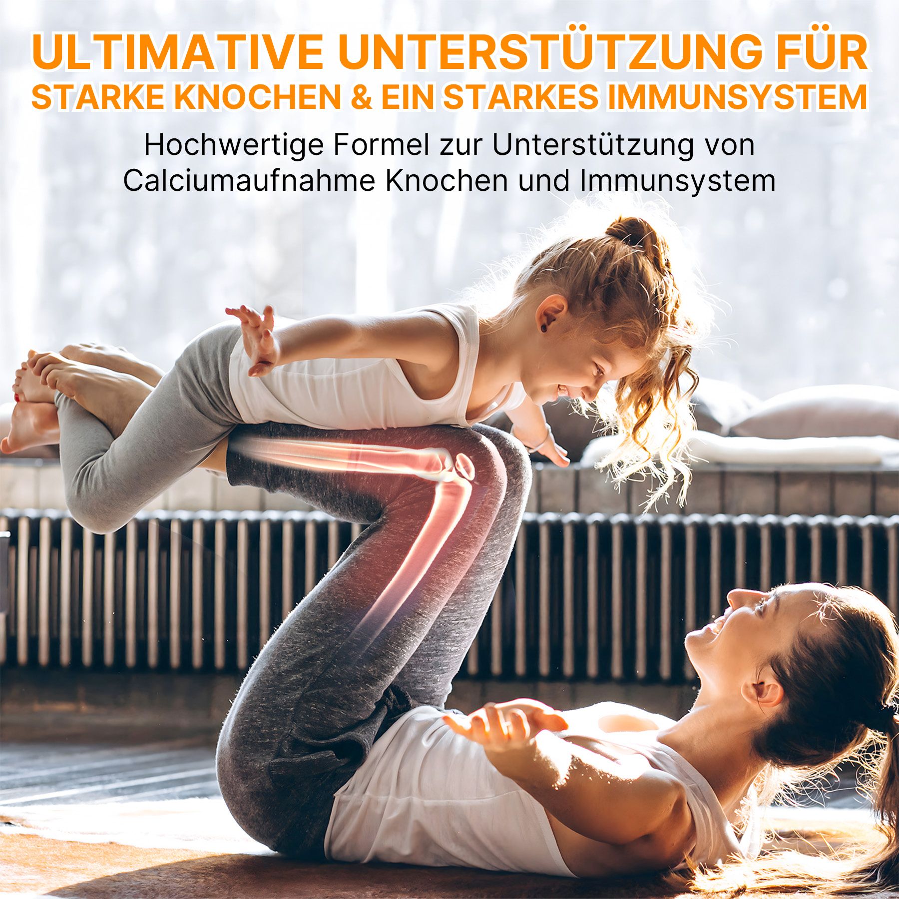 Mutter und Kind üben Yoga, Knochen werden hervorgehoben. Unterstützt starke Knochen und Immunsystem.