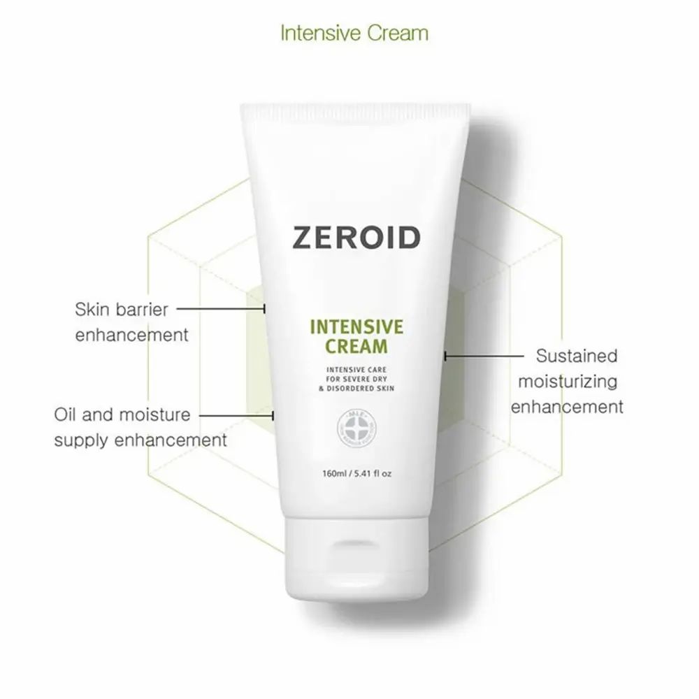 Weiße Tube ZEROID Intensive Cream mit Text und Diagramm. Text: Skin barrier enhancement, Oil and moisture supply enhancement.