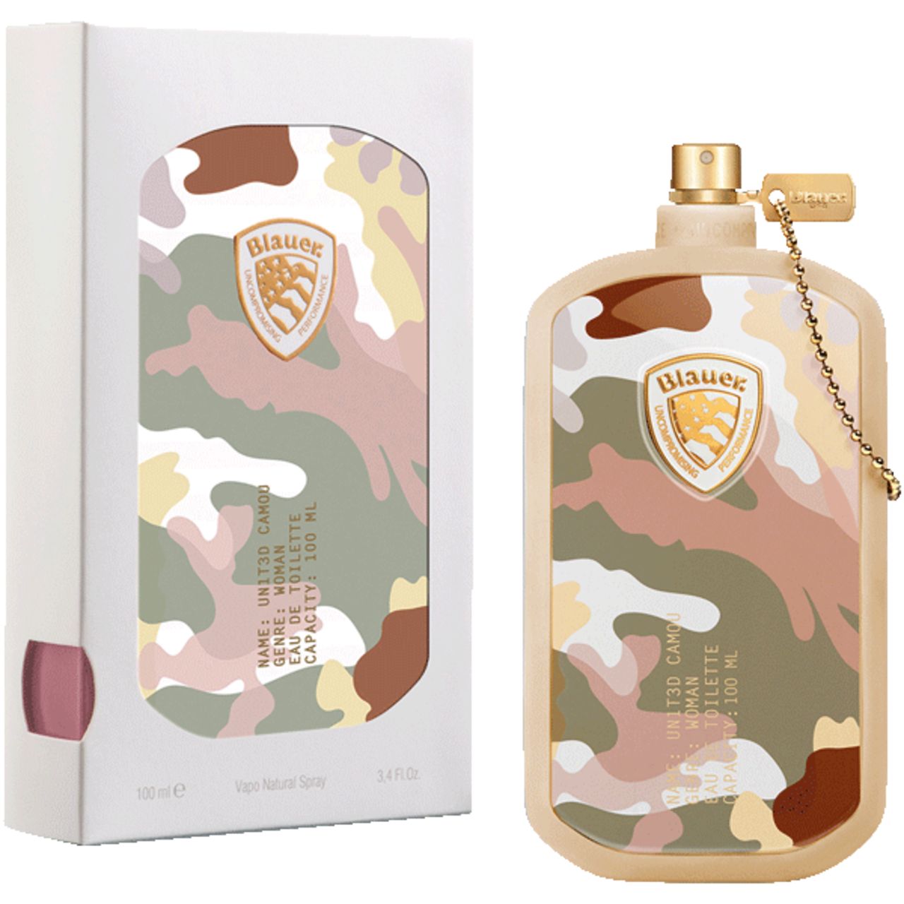 Parfümflakon mit Camouflage-Muster und Markenlogo. Neben der Verpackung.
