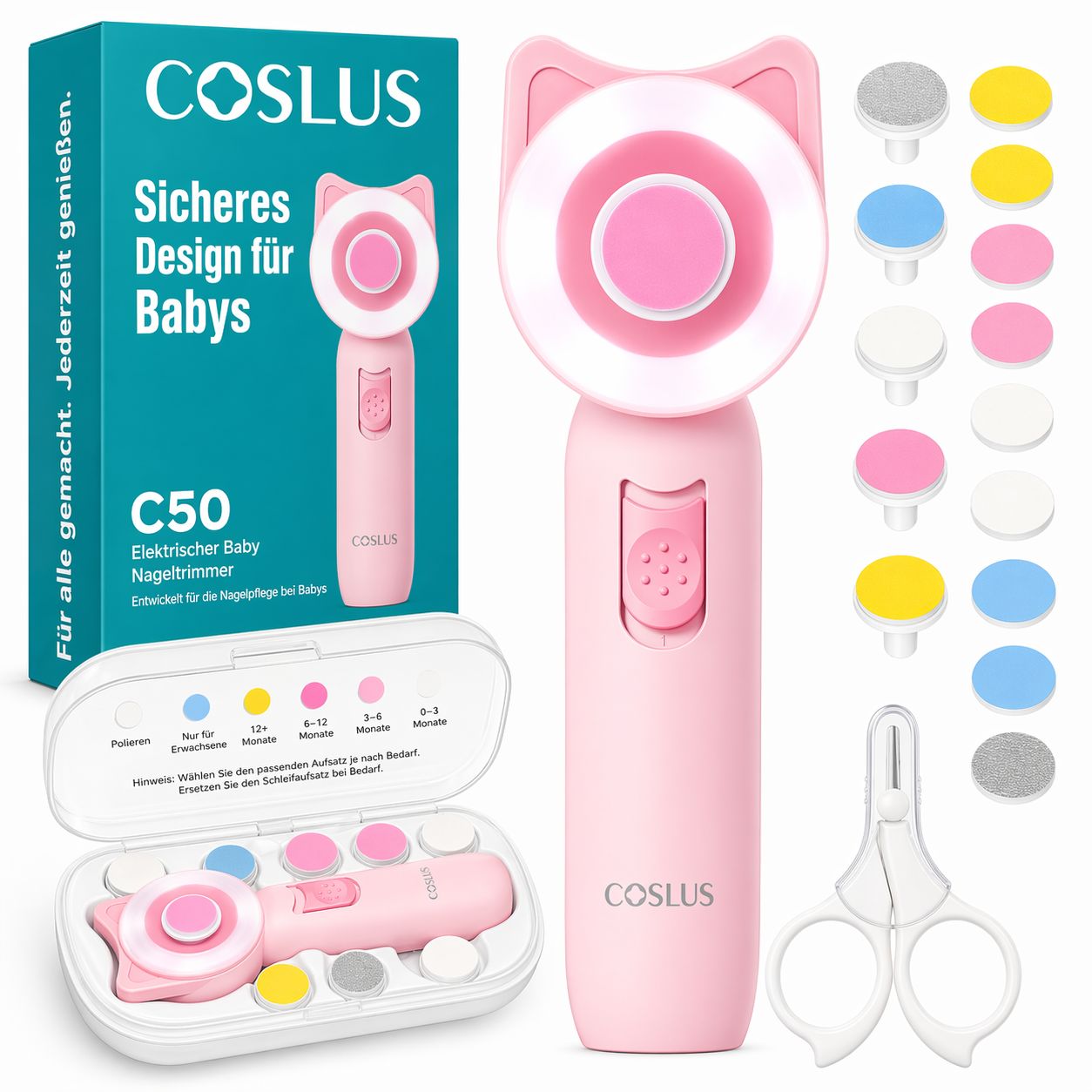 COSLUS Baby Maniküre Set. Rosa, mit Zubehör und Aufbewahrungsbox. Elektrischer Baby-Nageltrimmer.