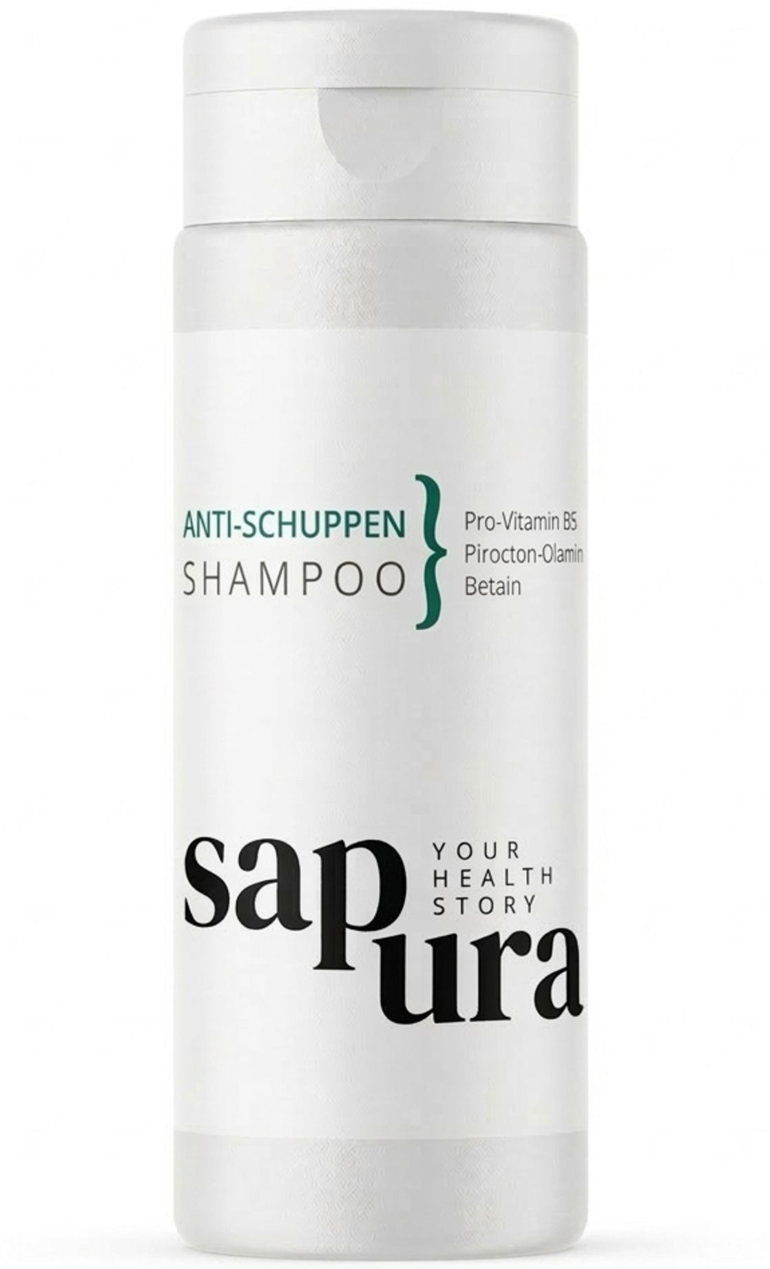 Weiße Shampoo-Flasche mit grünem Schriftzug "ANTI-SCHUPPEN SHAMPOO" und "sapura" Logo. Enthält Pro-Vitamin B5.