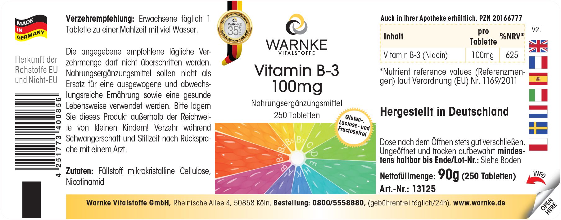 Etikett mit Produktinformationen. Aufschrift: Vitamin B-3 100mg, 250 Tabletten. Marke: WARNKE Vitalstoffe. Hergestellt in Deutschland.
