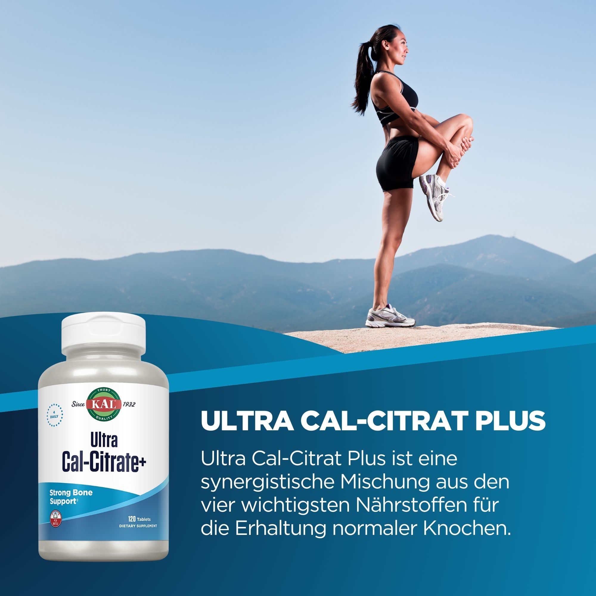 Eine Flasche Ultra Cal-Citrate+ neben einer Frau, die sich dehnt. Blaue und weiße Flasche mit Text. Hintergrund: Berglandschaft.