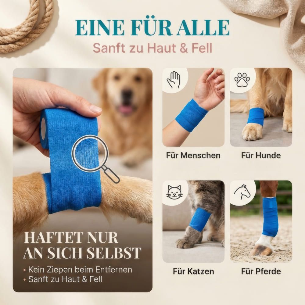 Bandage wird an Mensch, Hund, Katze und Pferd gezeigt. Text: HAFTET NUR AN SICH SELBST. Sanft zu Haut & Fell.