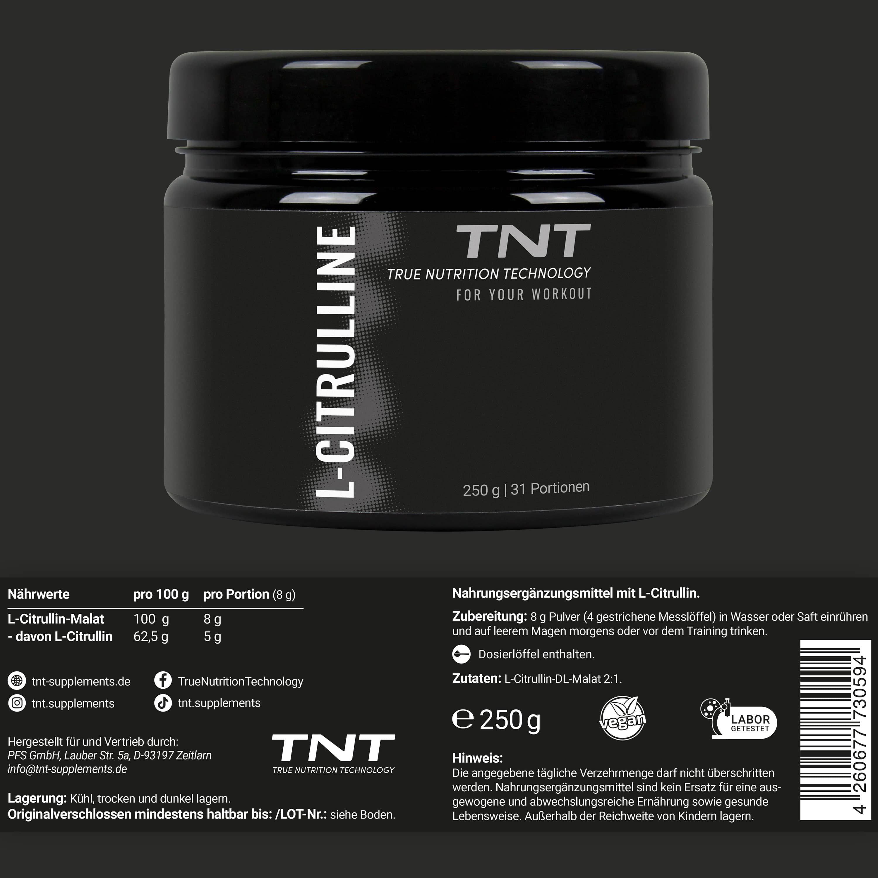 Schwarzer Behälter mit L-Citrulline und TNT. 250g | 31 Portionen. Nährwerttabelle und Etikett mit Informationen.