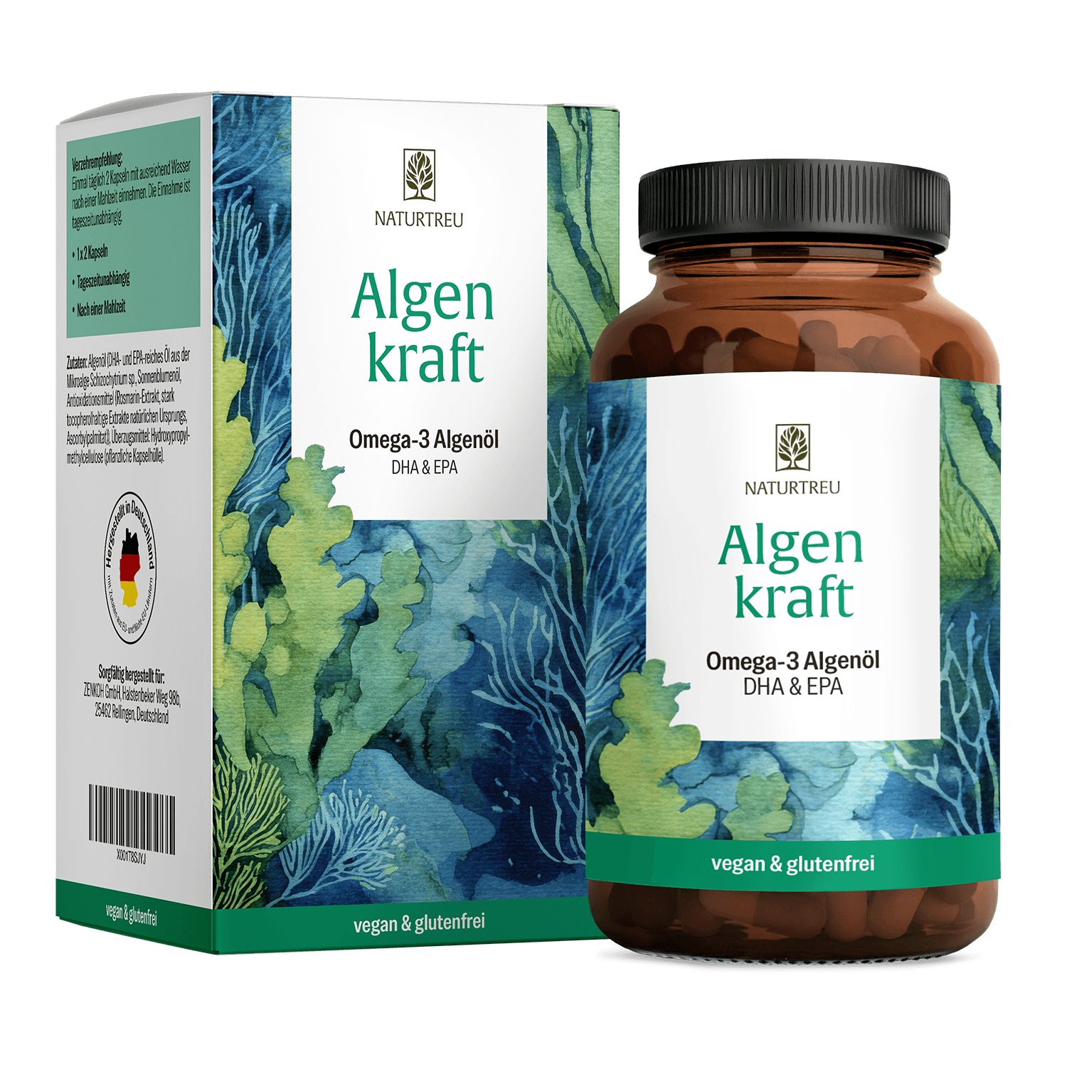 Algenkraft Algenöl Kapseln mit Verpackung. Vegan & glutenfrei.