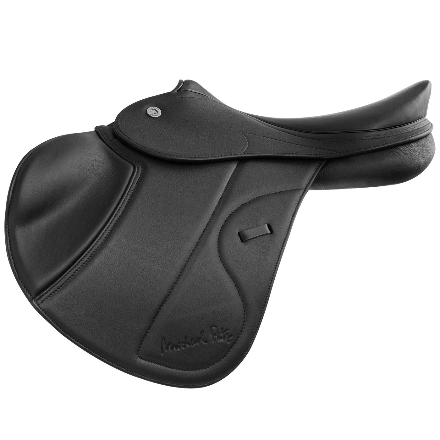 Schwarzer Springsattel. Gepolsterte Sitzfläche, Steigbügelriemenhalterung, Schriftzug 'Michael Putz'.