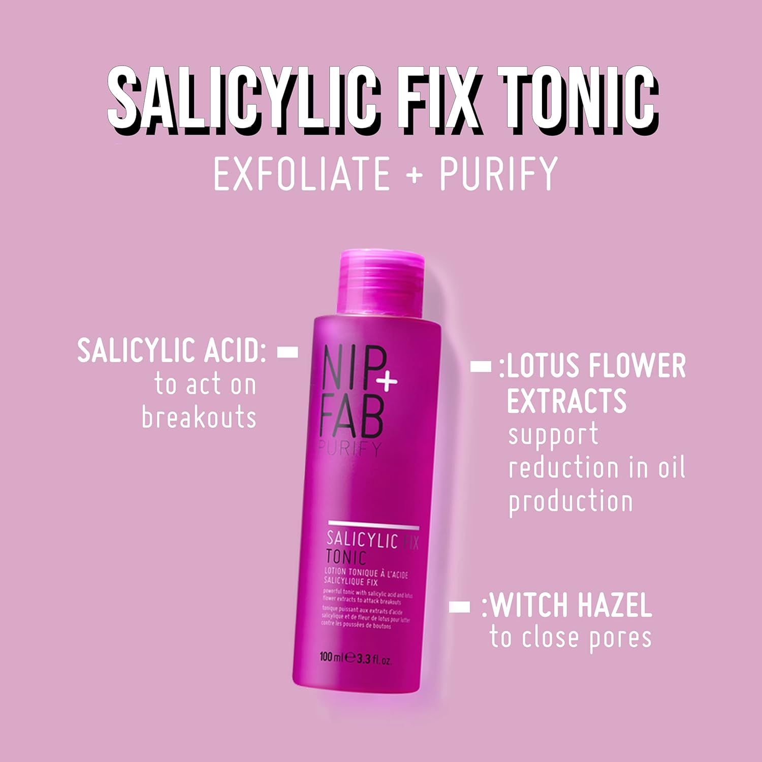 Rosa Hintergrund mit Produktflasche und Text: Salicylsäure Fix Tonic, Exfoliate + Purify. Inhaltsstoffe.