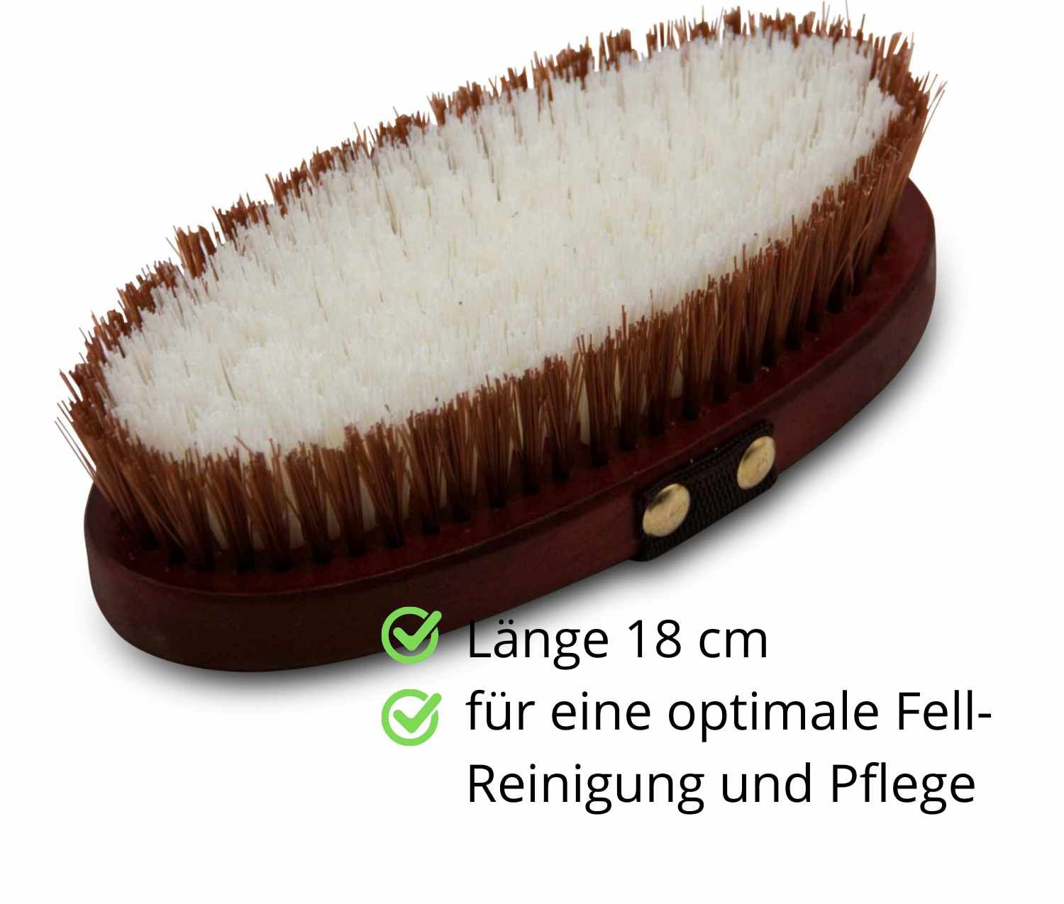AMKA Pferdebürste. Brauner Holzrücken, braune und weiße Borsten. Länge 18 cm. Für Fellreinigung und Pflege.