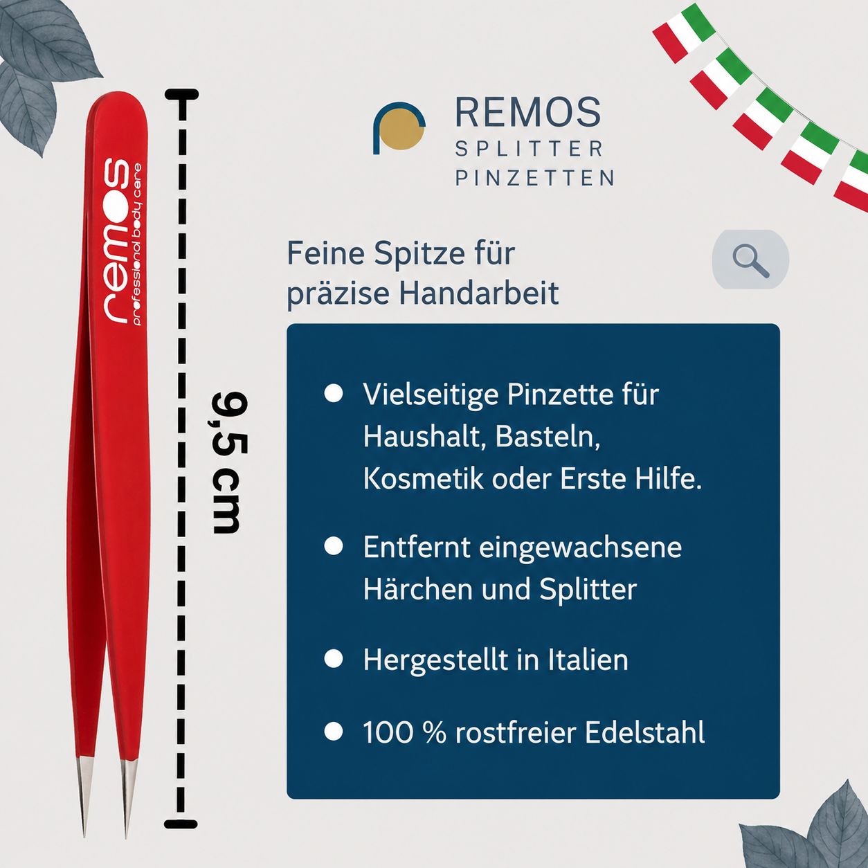 Rote REMOS Splitterpinzette, 9,5 cm lang, mit feiner Spitze aus rostfreiem Edelstahl.