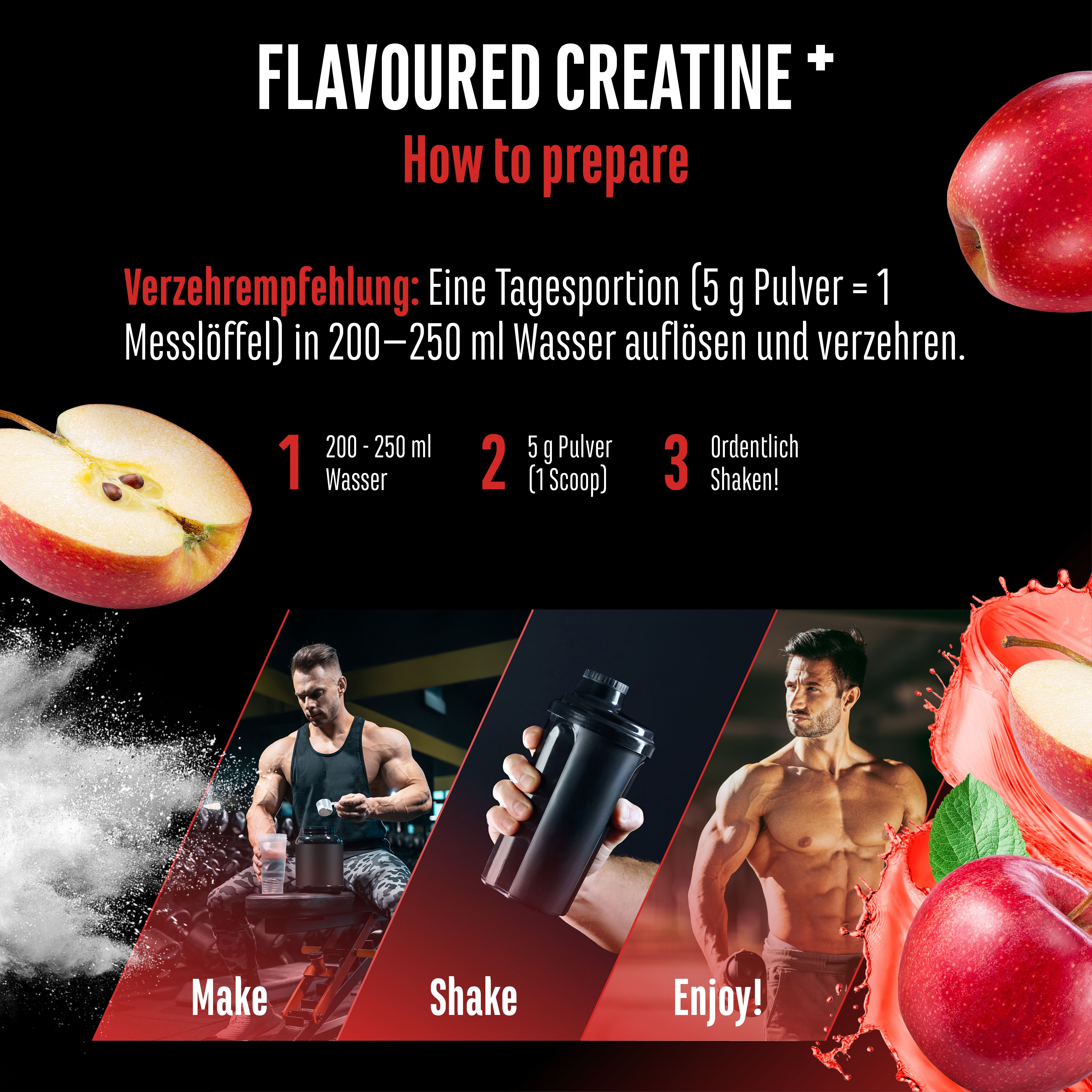 GEN Flavoured Creatine+ Zubereitung: 200-250ml Wasser, 5g Pulver (1 Messlöffel), shaken. Männer beim Zubereiten und Trinken.