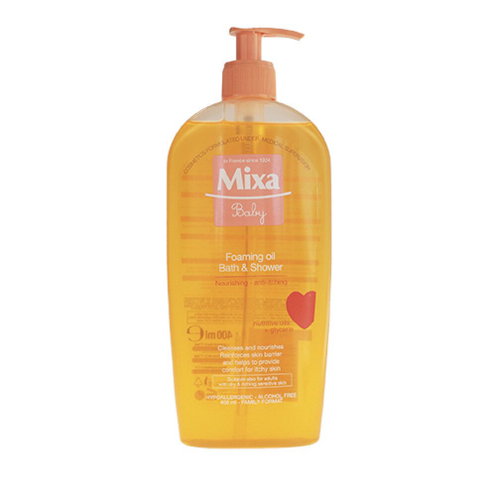 Mixa Baby schäumendes Bade- und Duschöl. Transparente Flasche mit Dosierpumpe. Orangefarbenes Etikett mit Produktnamen und Herzsymbol.