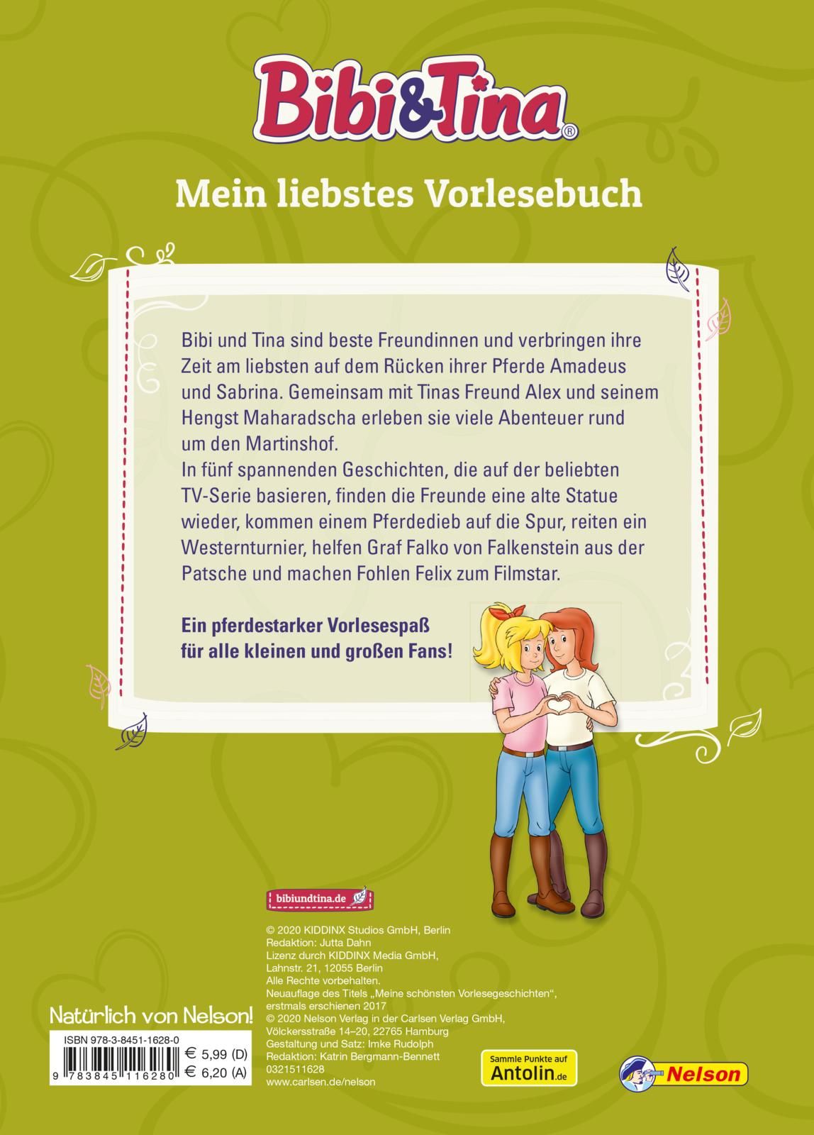 Rückseite des Buches Bibi & Tina: Mein liebstes Vorlesebuch. Text, Logo, zwei Mädchen, grüner Hintergrund.