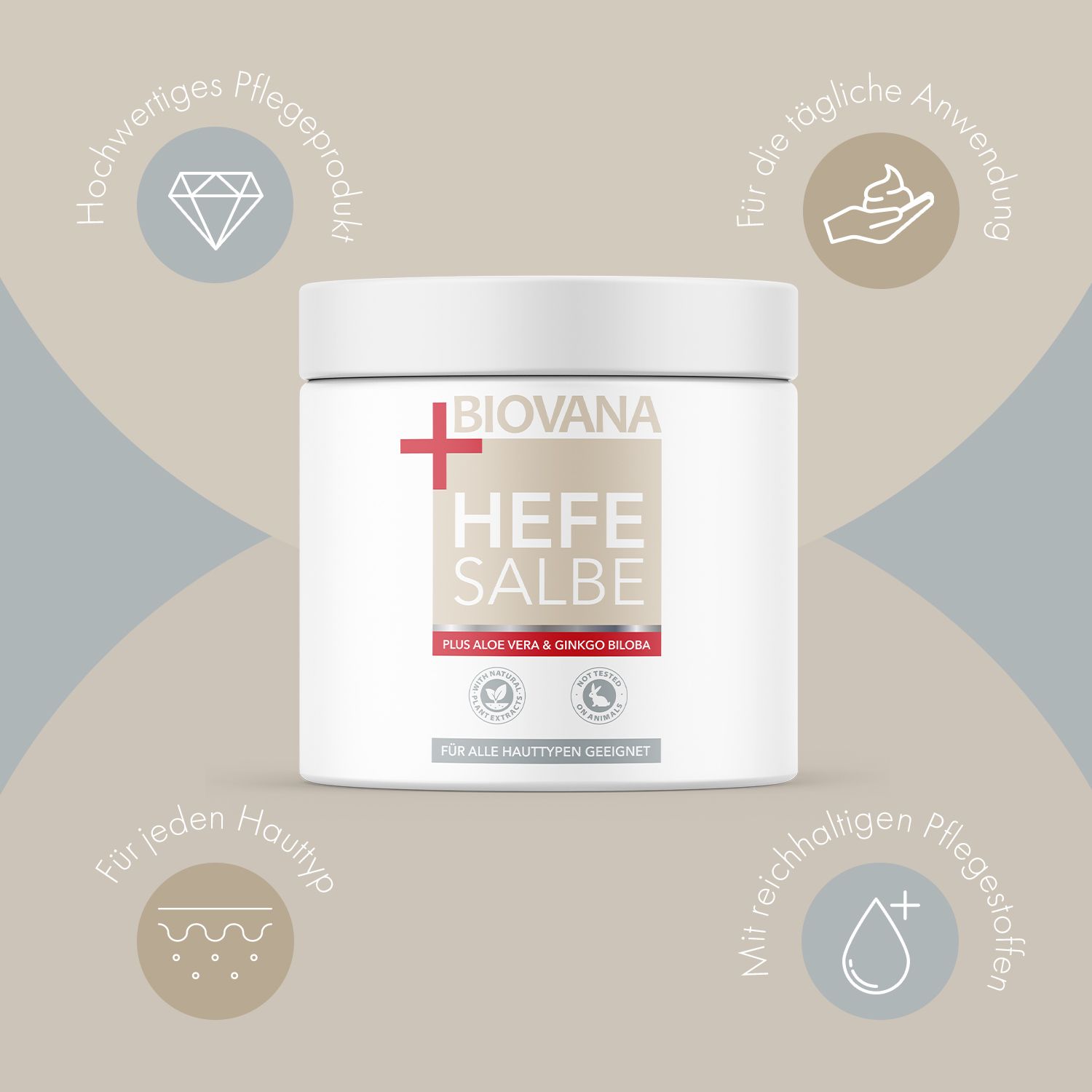 Weißes Tiegel mit Aufschrift Biovana Hefe Salbe. Text: Plus Aloe Vera & Ginkgo Biloba. Für alle Hauttypen geeignet. Mit Logos.