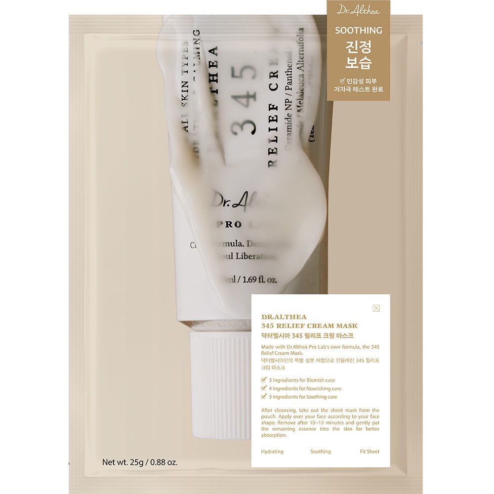 Verpackung der Dr. Althea 345 Relief Cream Mask mit Anwendungshinweisen.
