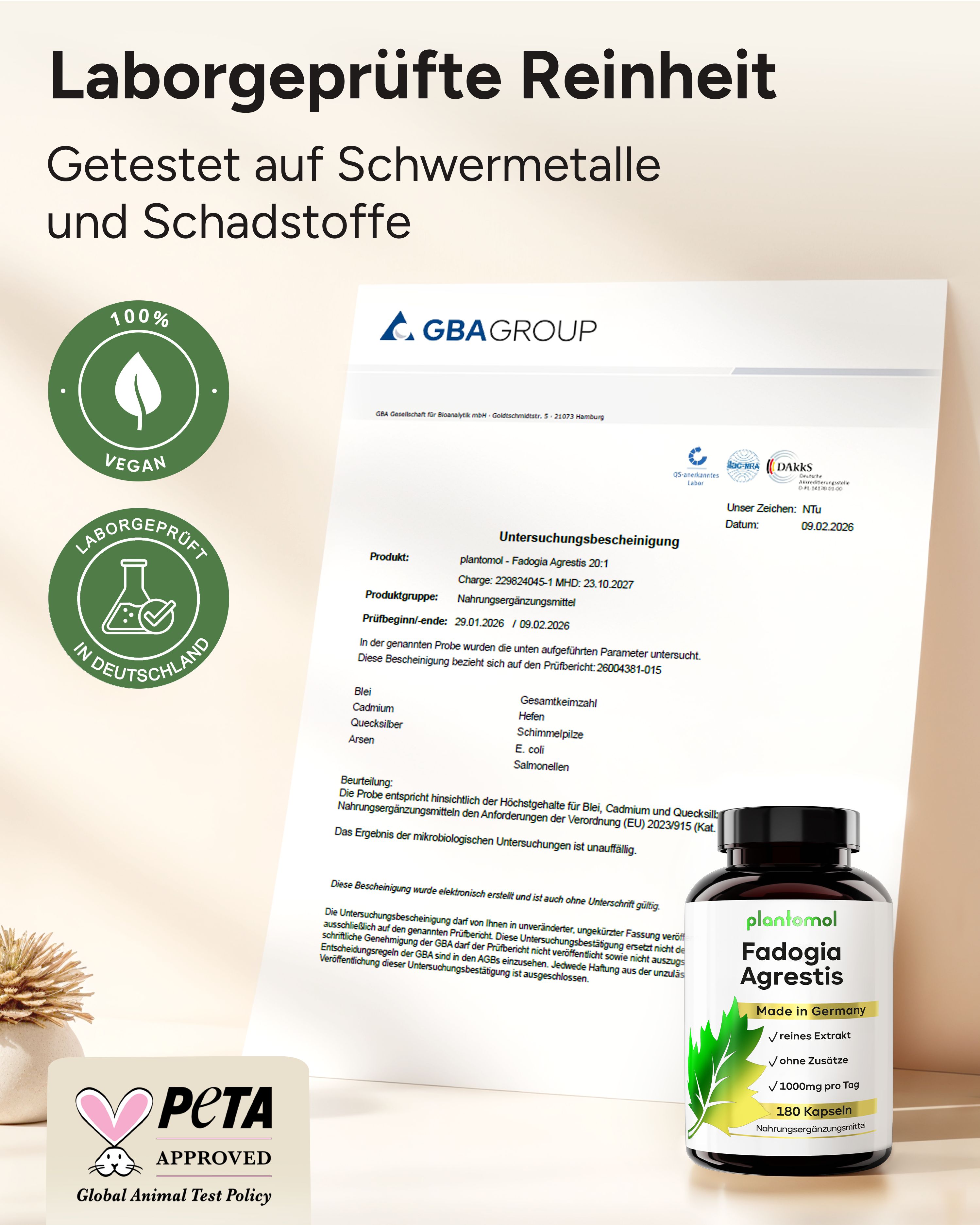 Zertifizierungsdokument und Flasche. Text: Laborgeprüfte Reinheit. Getestet auf Schwermetalle und Schadstoffe. PETA-Logo.