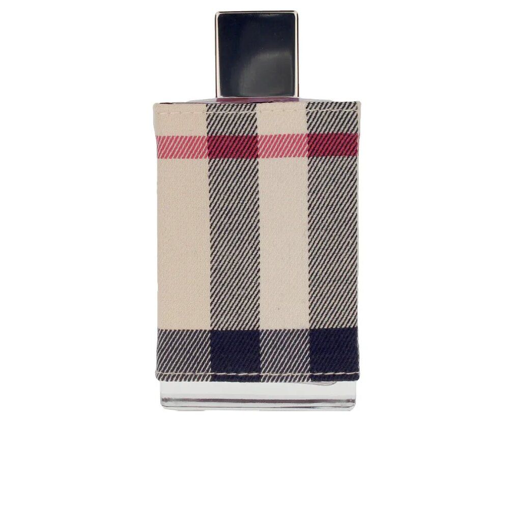 Burberry London Eau de Parfum für Damen. Rechteckiger Flakon mit Karomuster. Schwarzer Verschluss.